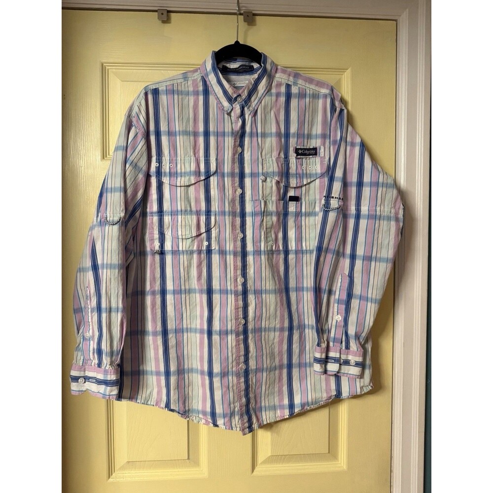 Columbia PFG Shirt Men's M Blue Purple White Stripe Super Bonehead Omni-Shade